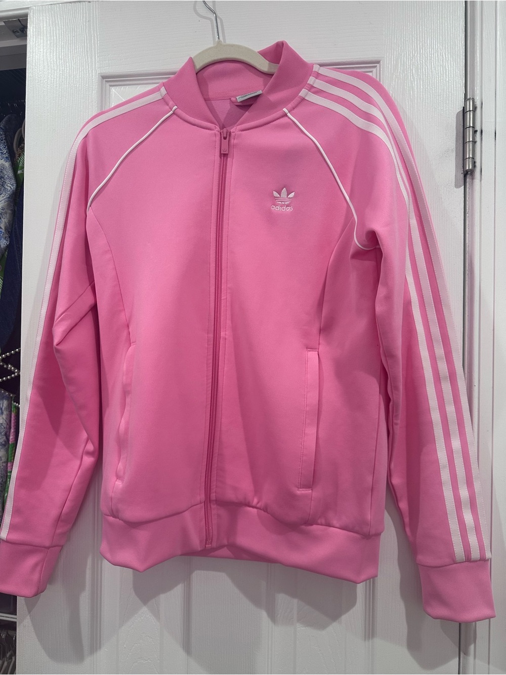 adidas Pink Zip-Up Track Jacket with White Stripes